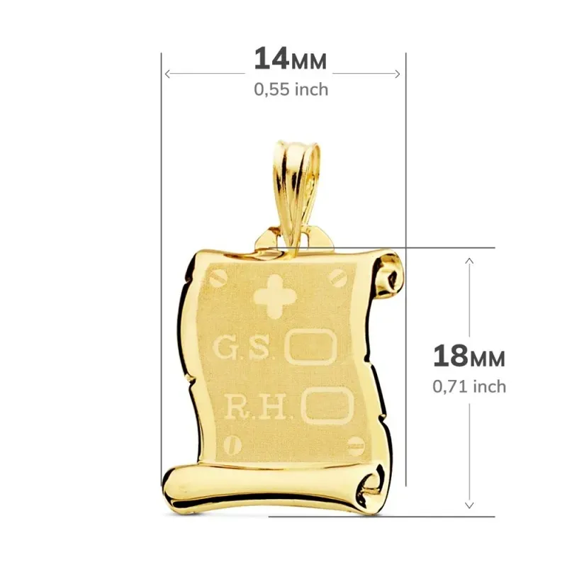 Colgante oro 18k pergamino 18mm. G.S. R.H. fondo mate detalles cerco brillo