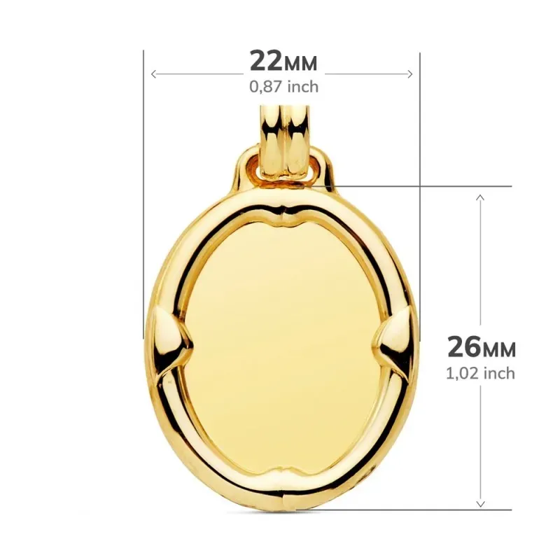 Colgante oro 18k chapa oval 26mm. brillo liso detalle borde relieve