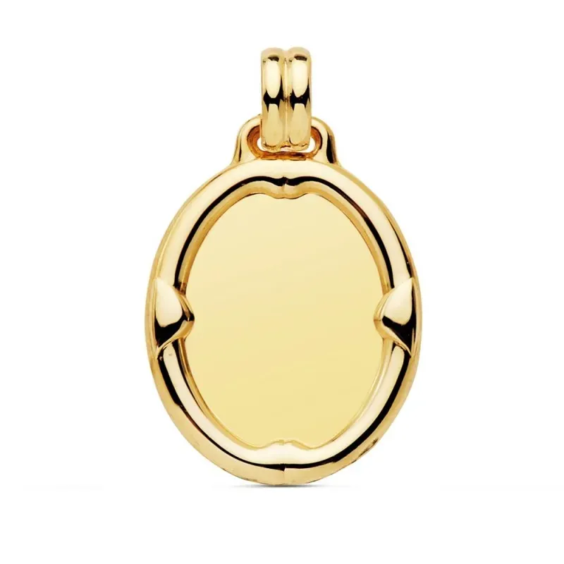 Colgante oro 18k chapa oval 26mm. brillo liso detalle borde relieve