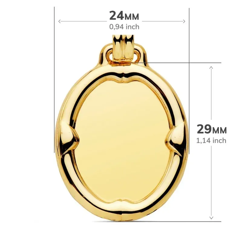 Colgante oro 18k chapa oval 29mm. brillo liso detalle borde relieve