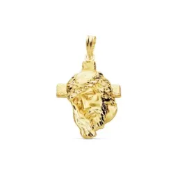 Colgante oro 18k cabeza rostro de Cristo 28mm. cruz acabado matizado detalles brillo tallados