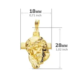 Colgante oro 18k cabeza rostro de Cristo 28mm. cruz acabado matizado detalles brillo tallados