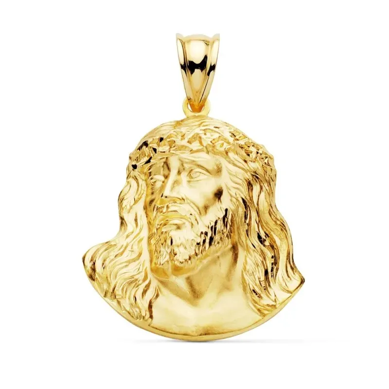 Colgante oro 18k cabeza Cristo Santo Rostro 27mm. acabado matizado detalles brillo tallados