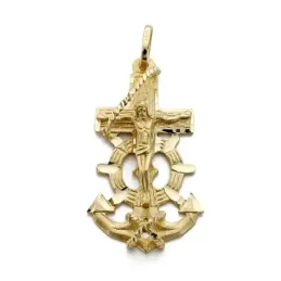 Colgante oro 18k Cruz Marinera 27mm. Cristo acabado matizado detalles tallados brillo