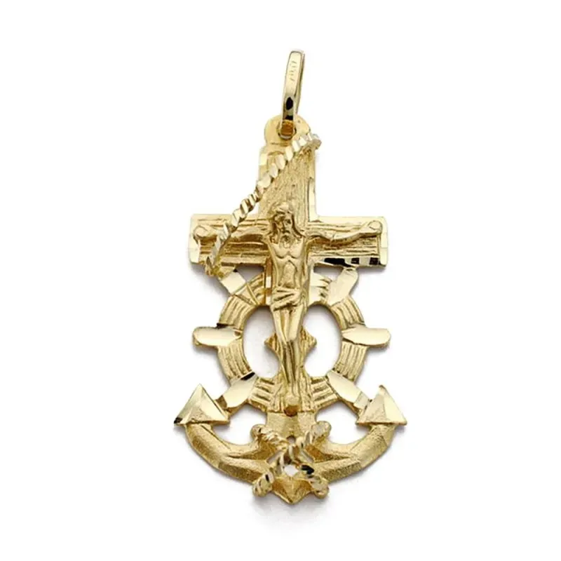 Colgante oro 18k Cruz Marinera 27mm. Cristo acabado matizado detalles tallados brillo