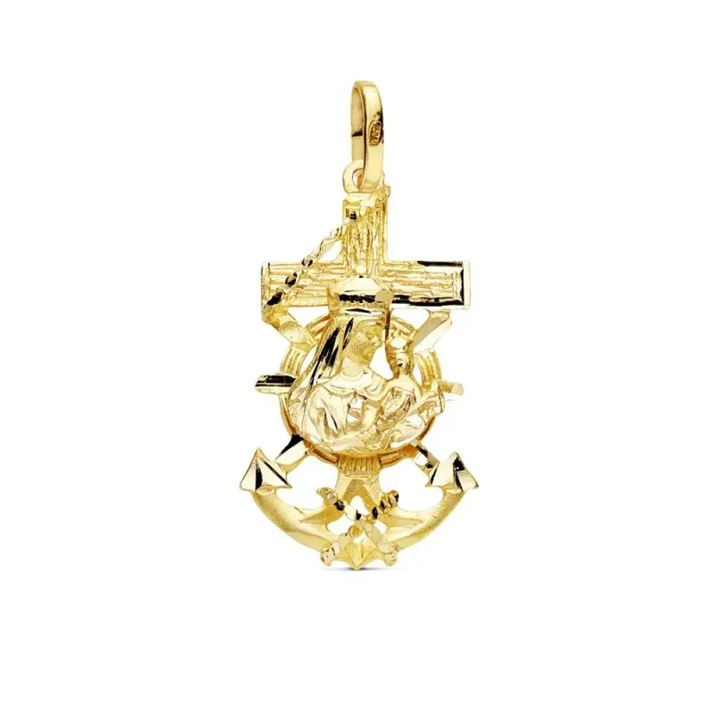 Colgante oro 18k Cruz Marinera 27mm. Virgen del Carmen acabado matizado detalles tallados brillo