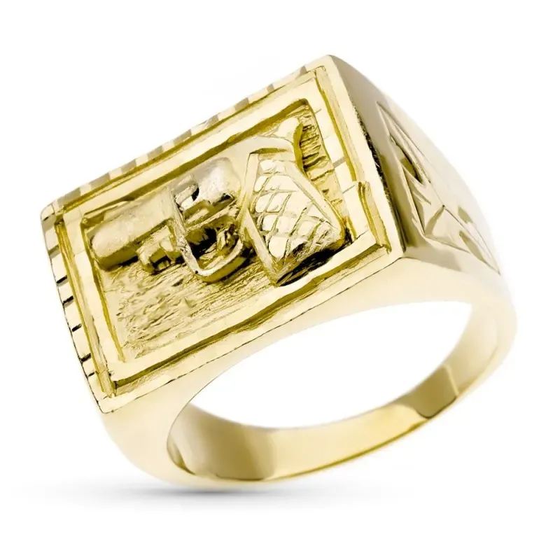 Sello oro 18k hombre pistola tallada centro detalles laterales cabeza