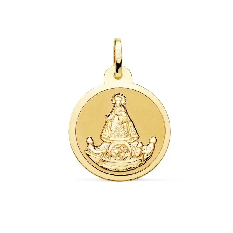 Medalla oro 18k Virgen de la Caridad del Cobre balse 20mm. redonda acabado pulido cerco brillo