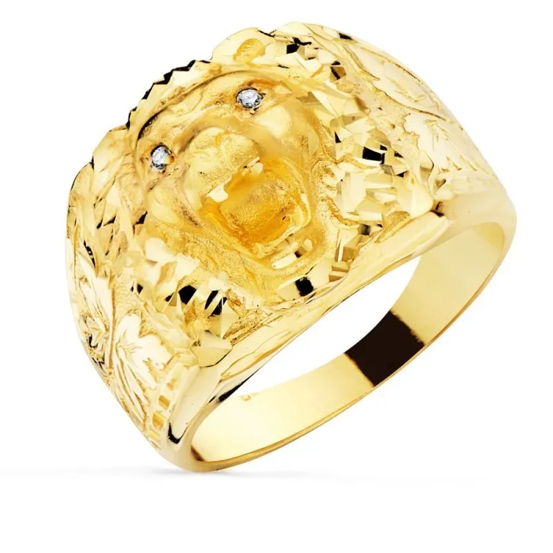 Sello oro 18k hombre cabeza león ancho detalles realistas circonitas