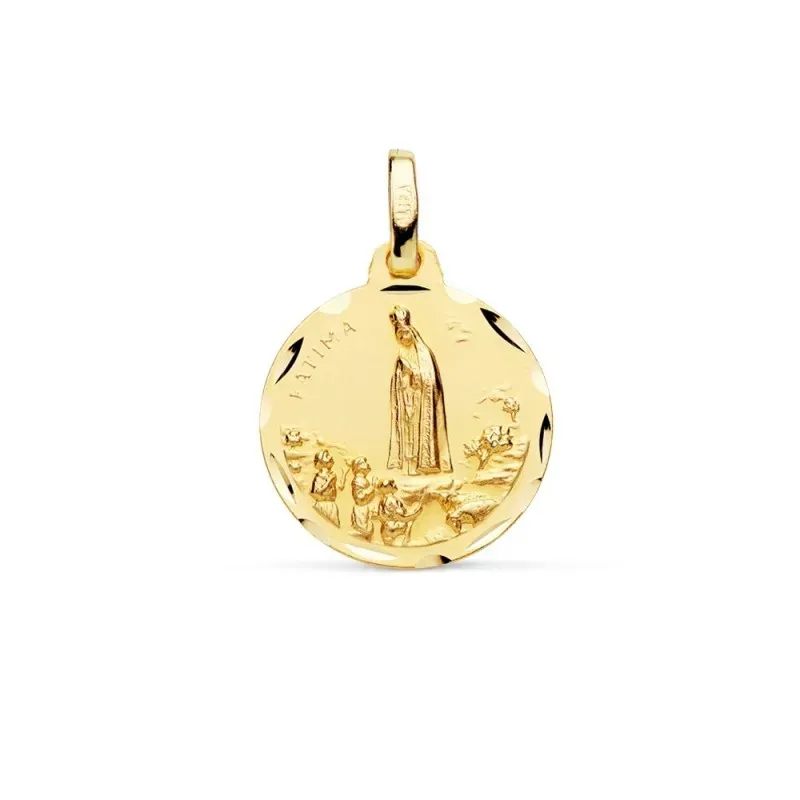 Medalla oro 18k Virgen de Fátima 16mm. matizada cerco detalles tallados