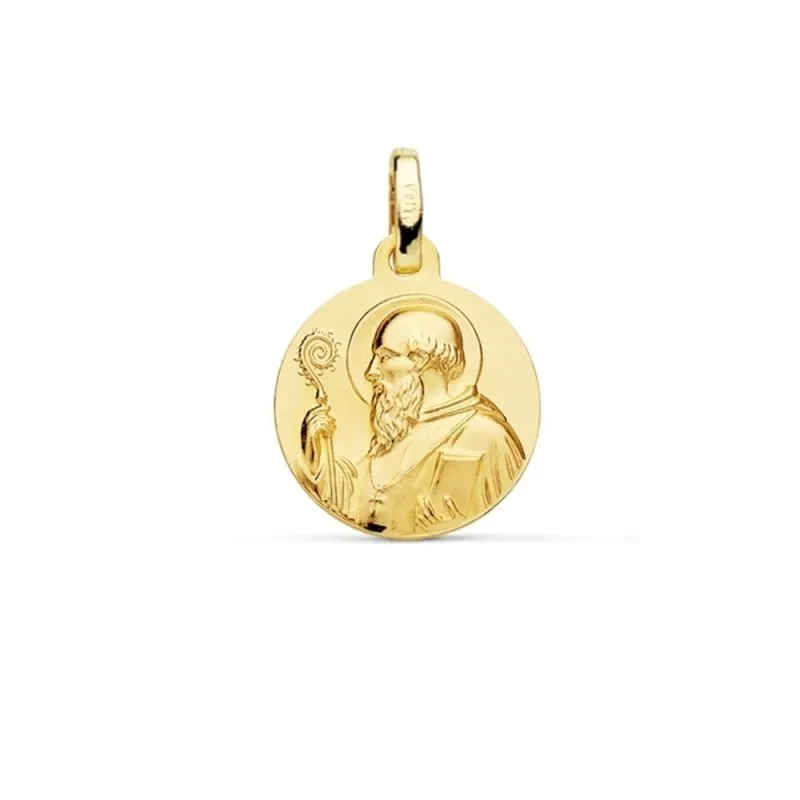 Medalla oro 18k escapulario San Benito 14mm. redondo liso matizado relieve