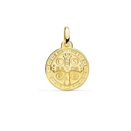 Medalla oro 18k escapulario San Benito 14mm. redondo liso matizado relieve