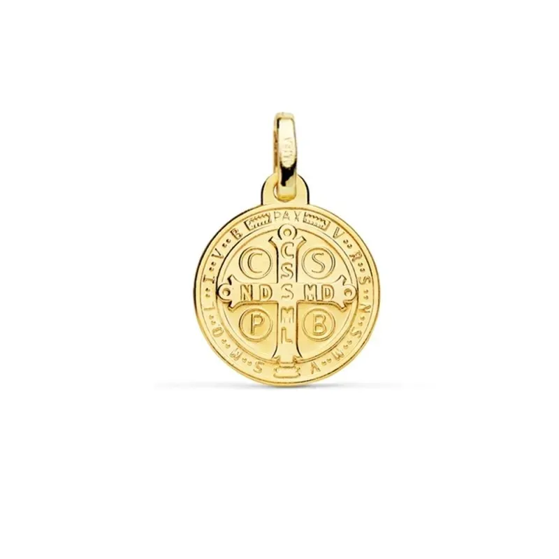 Medalla oro 18k escapulario San Benito 14mm. redondo liso matizado relieve