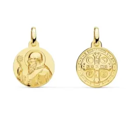 Medalla oro 18k escapulario San Benito 14mm. redondo liso matizado relieve
