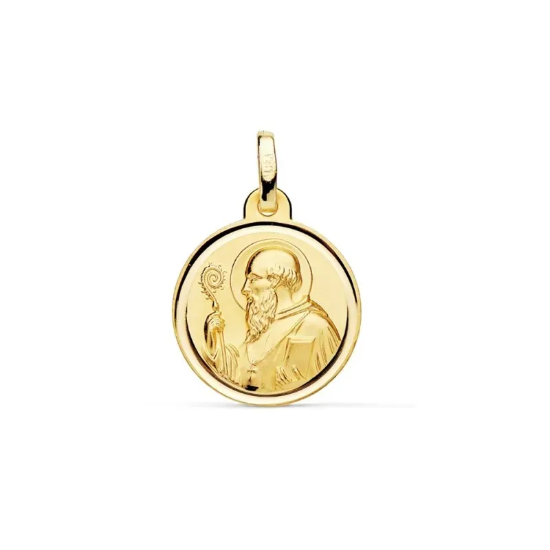 Medalla oro 18k escapulario San Benito 16mm. liso matizado relieve bisel