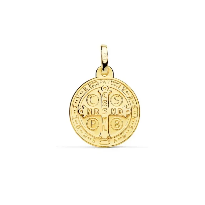 Medalla oro 18k escapulario San Benito 16mm. liso matizado relieve bisel