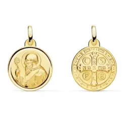 Medalla oro 18k escapulario San Benito 16mm. liso matizado relieve bisel