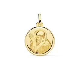 Medalla oro 18k escapulario San Benito 18mm. liso matizado relieve bisel