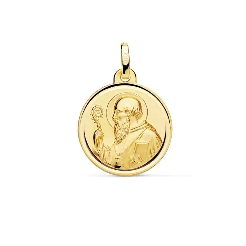 Medalla oro 18k escapulario San Benito 18mm. liso matizado relieve bisel