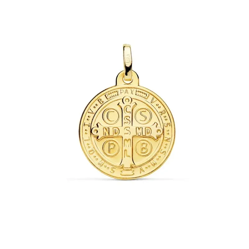Medalla oro 18k escapulario San Benito 18mm. liso matizado relieve bisel