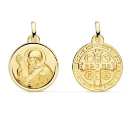 Medalla oro 18k escapulario San Benito 18mm. liso matizado relieve bisel