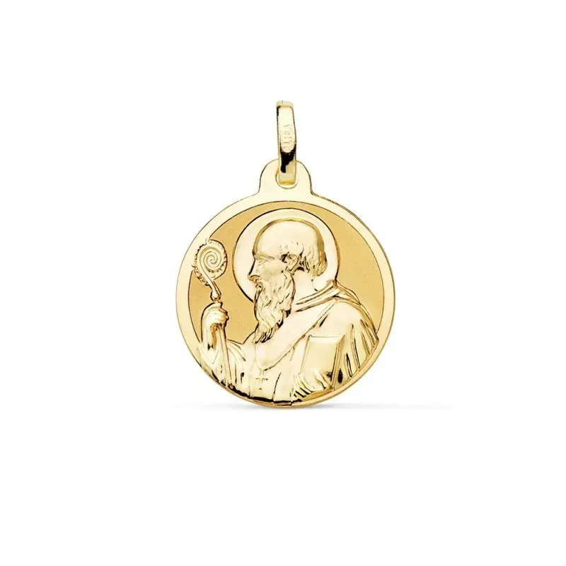 Medalla oro  18k escapulario San Benito monje 18mm. brillo relieve