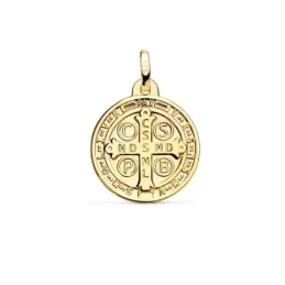 Medalla oro  18k escapulario San Benito monje 18mm. brillo relieve