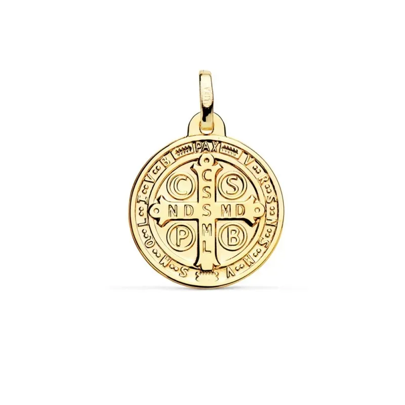 Medalla oro  18k escapulario San Benito monje 18mm. brillo relieve