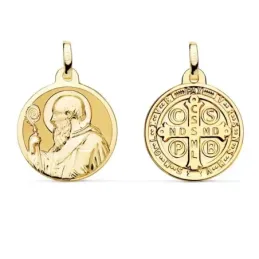 Medalla oro  18k escapulario San Benito monje 18mm. brillo relieve