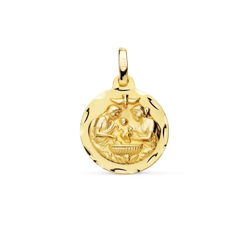 Medalla oro 18k Nuevo Bautismo 16mm. acabado mate detalle bordes tallados