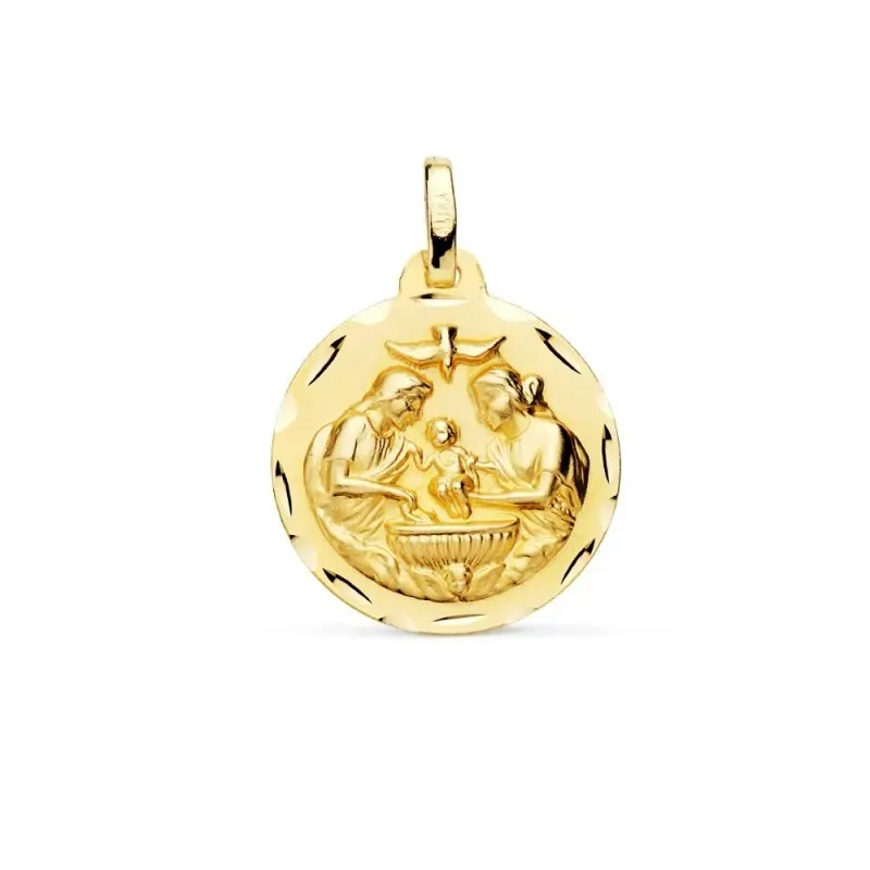 Medalla oro 18k Nuevo Bautismo 18mm. acabado mate detalle bordes tallados