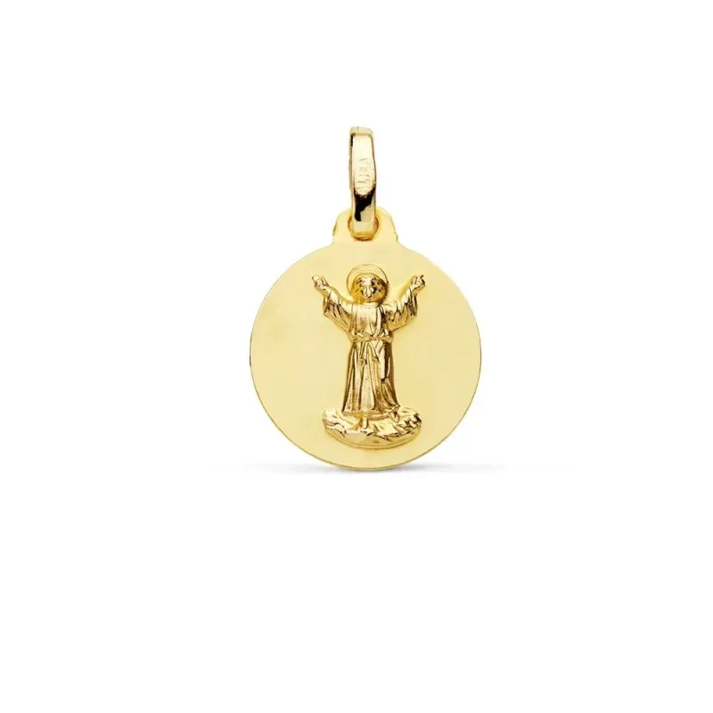 Medalla oro 18k Divino Niño Jesús 14mm. relieve lisa acabado matizado