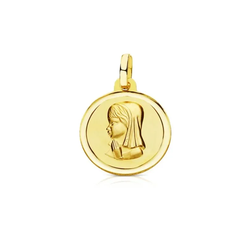 Medalla oro 18k Virgen Niña 16mm. relieve lisa bisel