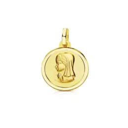 Medalla oro 18k Virgen Niña 16mm. relieve lisa bisel