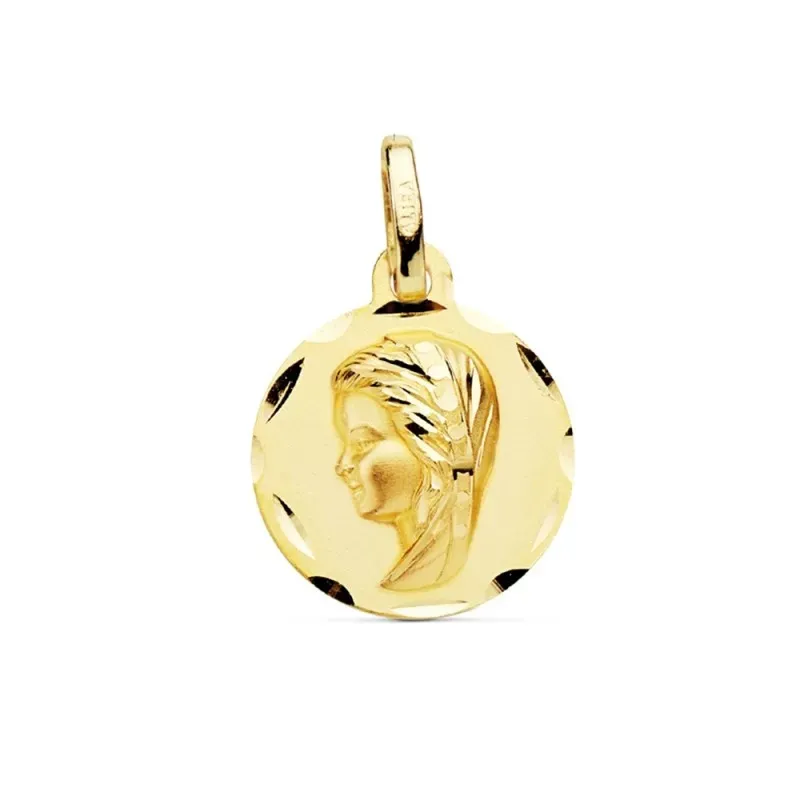 Medalla oro 18k Virgen Niña 14mm. relieve lisa detalles tallados borde