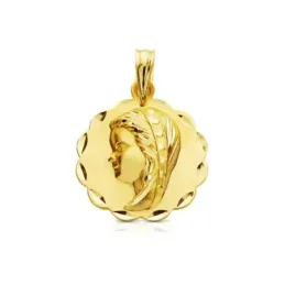 Medalla oro 18k Virgen Niña 16mm. relieve lisa detalles tallados borde