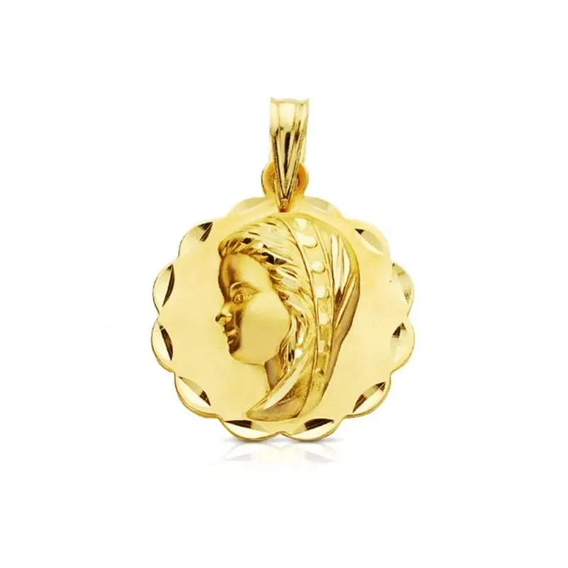 Medalla oro 18k Virgen Niña 16mm. relieve lisa detalles tallados borde