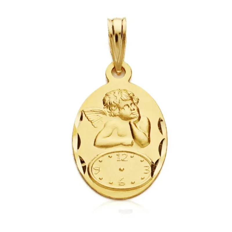 Medalla oro 18k oval 17mm. Ángel reloj detalles tallados
