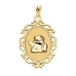 Medalla oro 18k Ángel Burlón Querubín 23mm. oval brillo mate detalle cerco calado