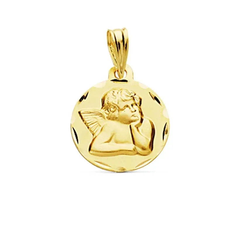 Medalla oro 18k Angelito Burlón Querubín 14mm. relieve lisa detalle borde tallado