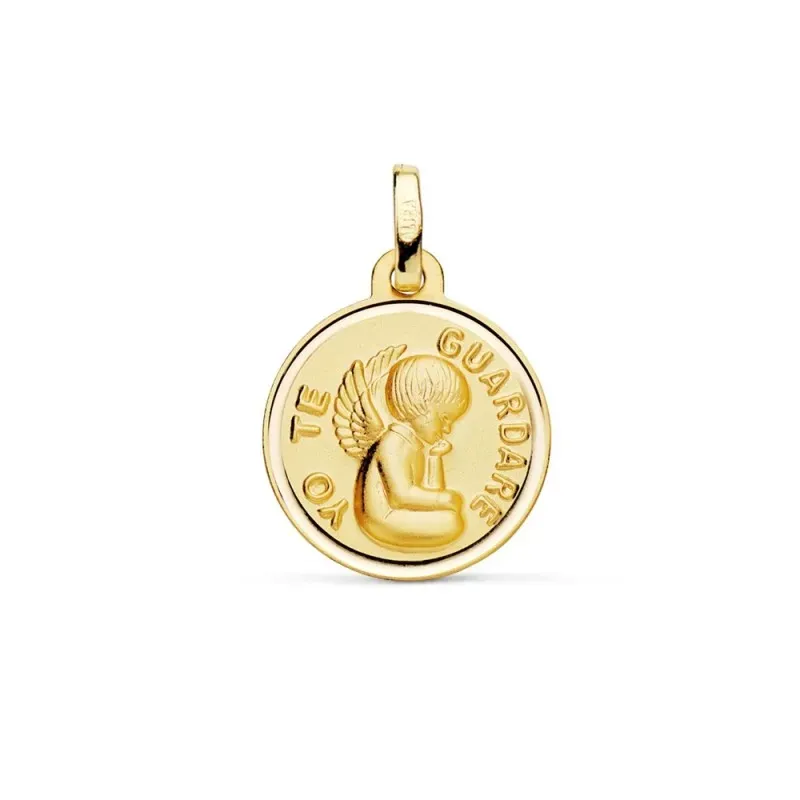 Medalla oro 18k Angelito YO TE GUARDARÉ 16mm. lisa relieve bisel