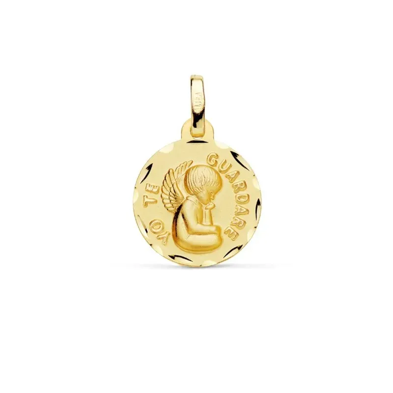 Medalla oro 18k Angelito YO TE GUARDARÉ 14mm. lisa relieve detalle borde tallado