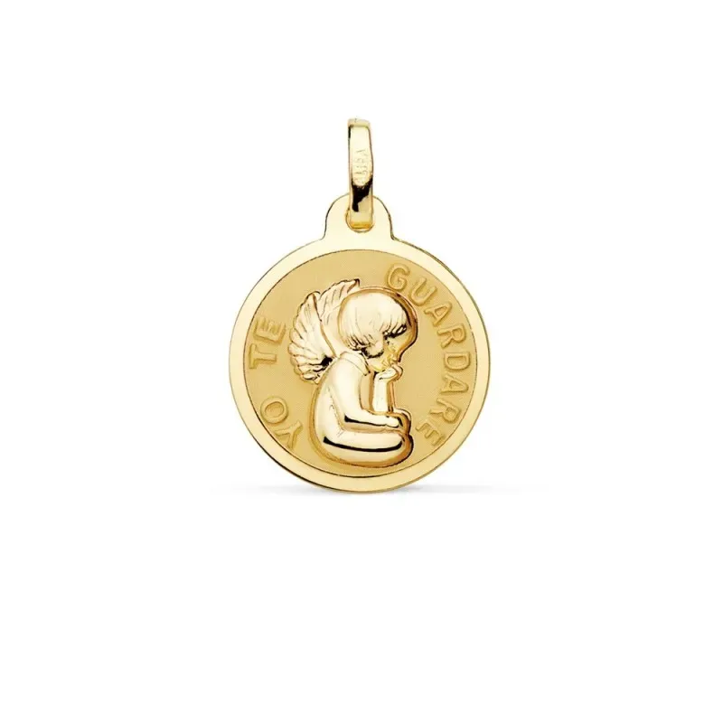 Medalla oro 18k Ángel YO TE GUARDARÉ 16mm. relieve brillo fondo matizado