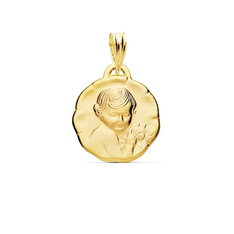 Medalla oro 18k Niño de la Flor 15mm. relieve acabado satinado