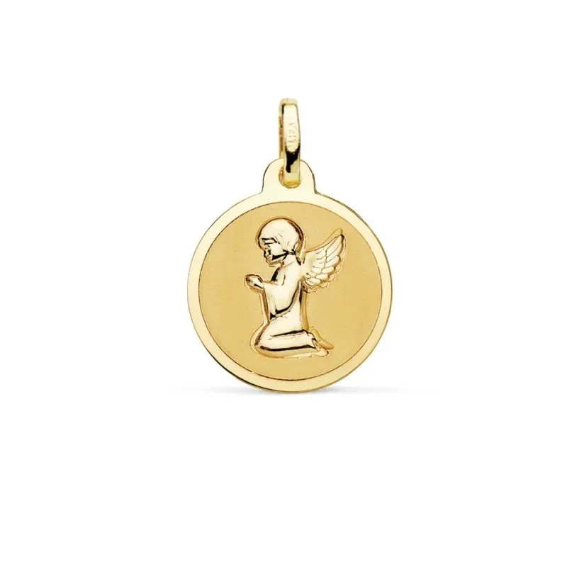 Medalla oro 18k Angelito rezando 16mm. relieve acabado mate brillo