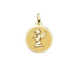 Medalla oro 18k Angelito rezando 16mm. relieve acabado mate brillo