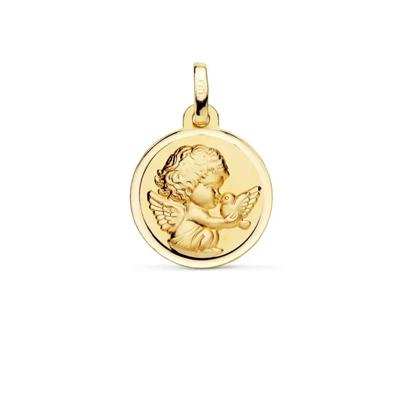Medalla oro 18k Angelito paloma 16mm. relieve acabado matizado bisel