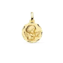 Medalla oro 18k Angelito paloma 14mm. relieve acabado matizado borde detalle tallado