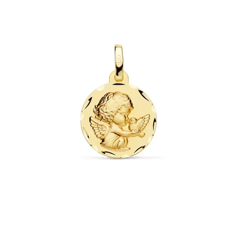 Medalla oro 18k Angelito paloma 14mm. relieve acabado matizado borde detalle tallado