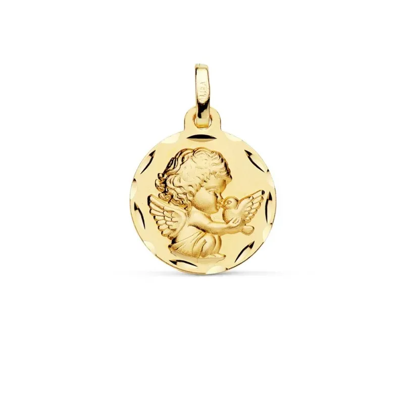 Medalla oro 18k Angelito paloma 16mm. relieve acabado matizado borde detalle tallado